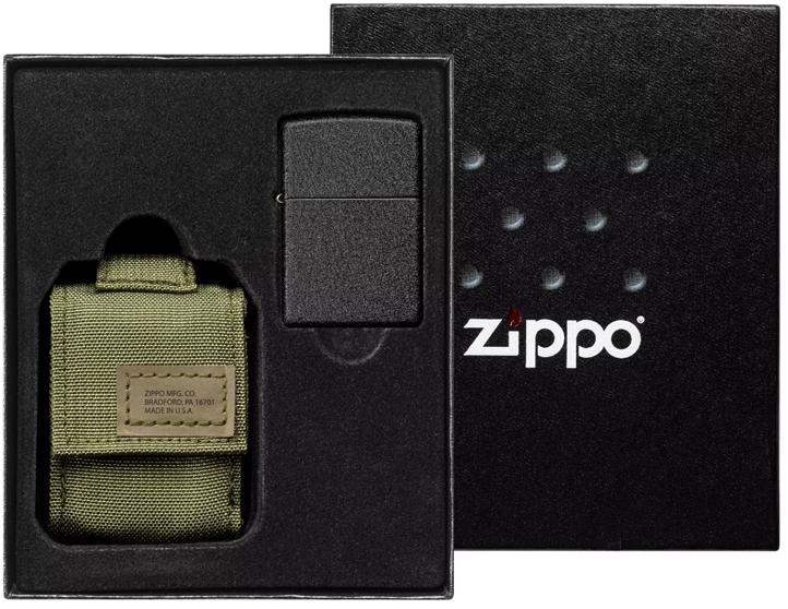 Подарочный набор Zippo зажигалка Black Crackle и зелёный чехол в подарочной коробке черный