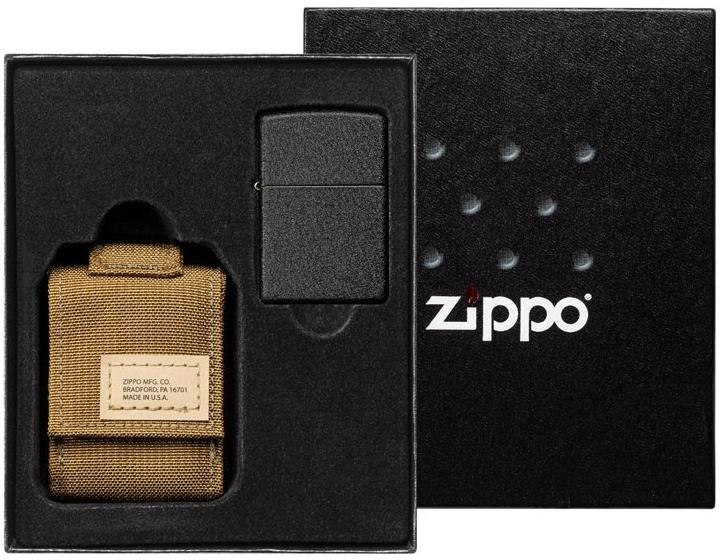 Подарочный набор Zippo зажигалка Black Crackle и коричневый чехол в подарочной коробке черный