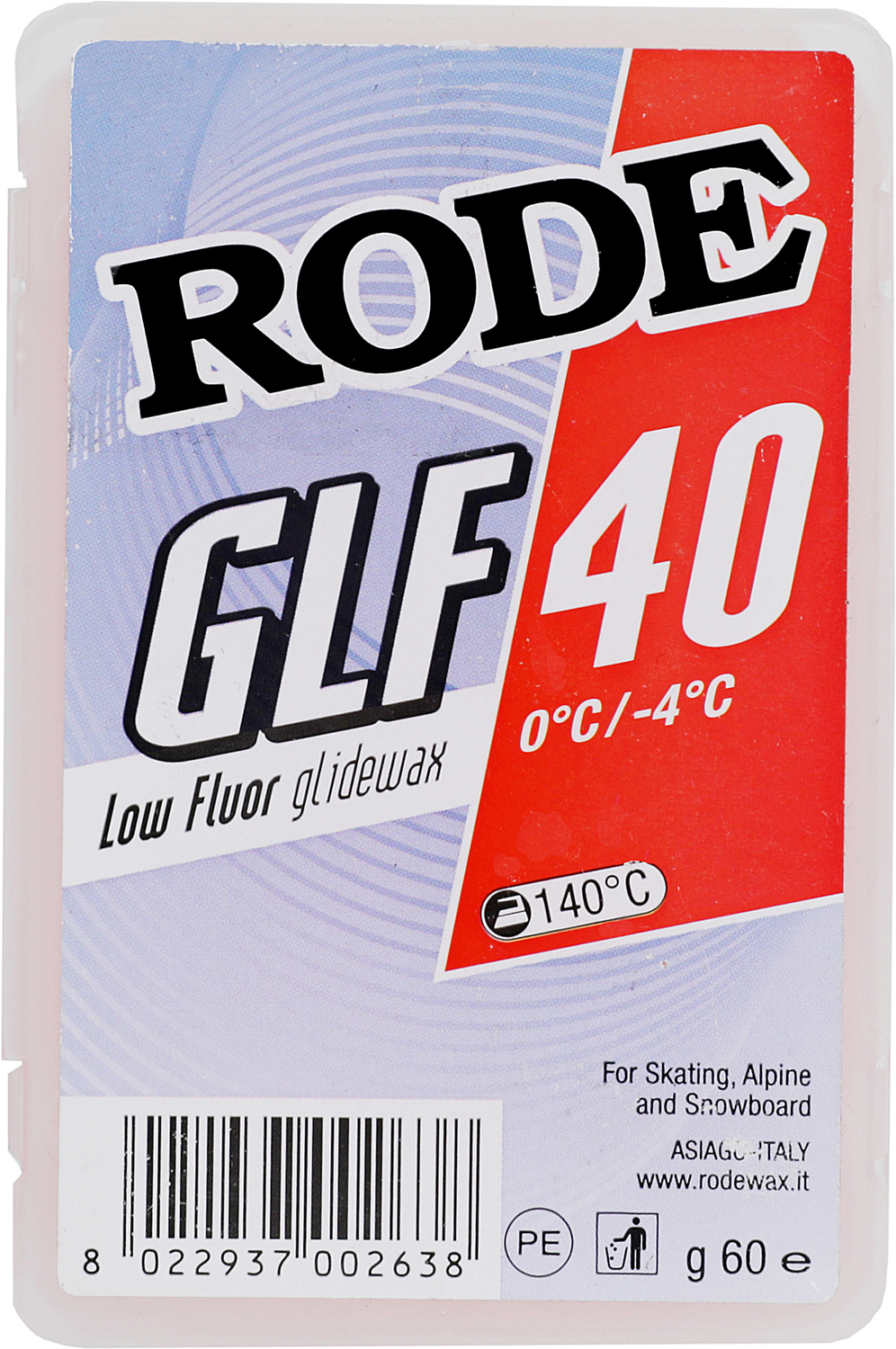 Низкофтористый парафин скольжения твердый RODE Glider low fluor red 60gr. 0C°...-4C°