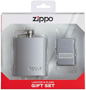 Подарочный набор Zippo фляжка 89 мл и зажигалка в коробке с подвесом серебристая